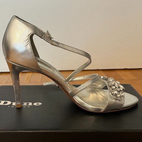 Silver Leather Strappy Heels | Size 39 | Rhinestone Glam Sandals - Picture 9 of 10